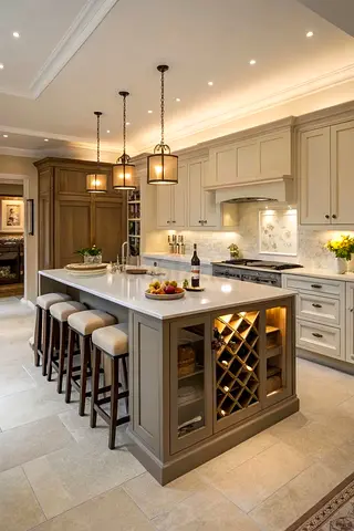 Spacious Modern Kitchen Island with Built-in Wine Rack