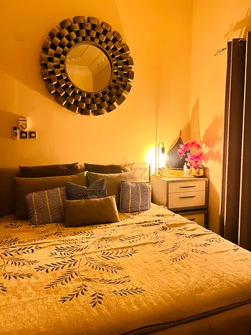 Queen Bed with Side Table and Decorative Mirror - Good Condition