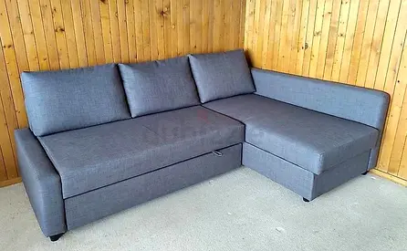 Compact L-shaped Grey Fabric Sofa with Storage (Good Condition)