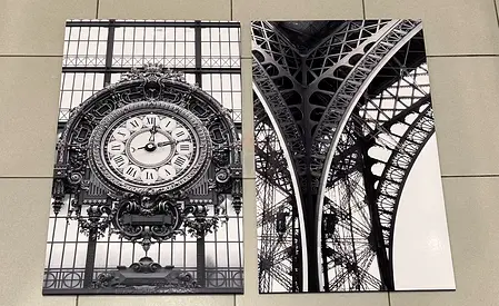 Set of 2 Black  White Paris Wall Art Prints (Clock  Eiffel Structure)