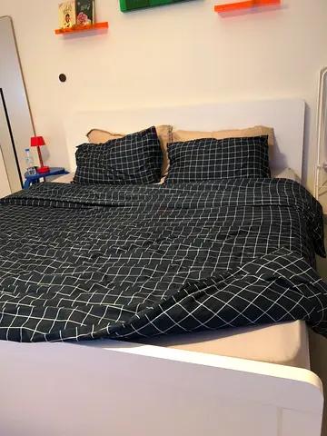 White Wooden Double Bed with Mattress - Good Condition