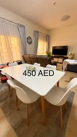 White dining table with 6 chairs - Good condition, 450 AED