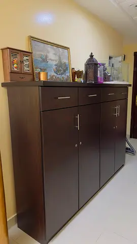 Dark Wood 3-Door Shoe Storage Cabinet with Drawers - Good Condition