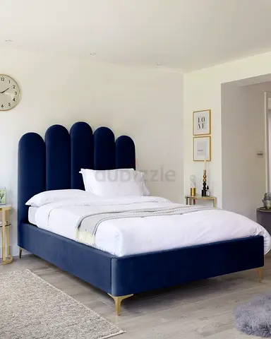 Navy Velvet Upholstered Bed Frame with Arched Headboard (Queen)