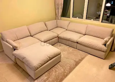 Home Center Feather filled Sofa Beige L-shaped Fabric Sofa with Ottoman - Good Condition