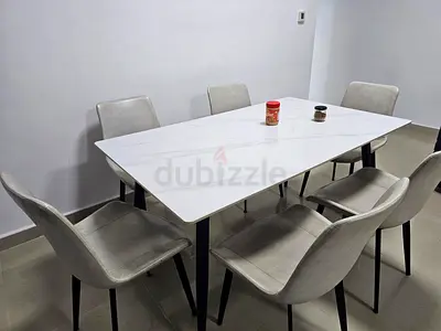 6-Seater White Marble-Top Dining Table with Upholstered Chairs