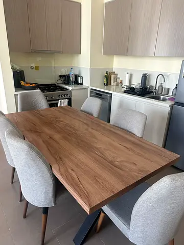 Modern Dining Table + 6 Chairs – Walnut  Black Steel