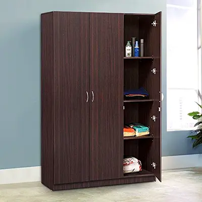 3-Door Wooden Wardrobe with Shelves - Dark Walnut