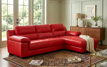 Red leather L-shaped sectional sofa with chaise — good condition