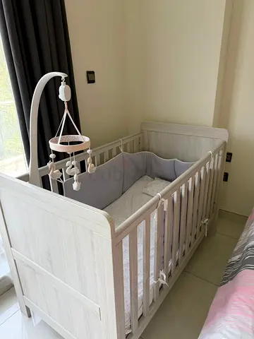 Wooden Baby Crib with Mobile and Mattress - Light Grey, Good Condition
