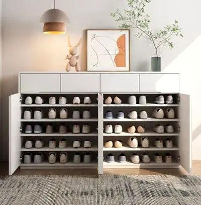 White Multi-Shelf Shoe Cabinet with Drawers - Holds ~24 Pairs