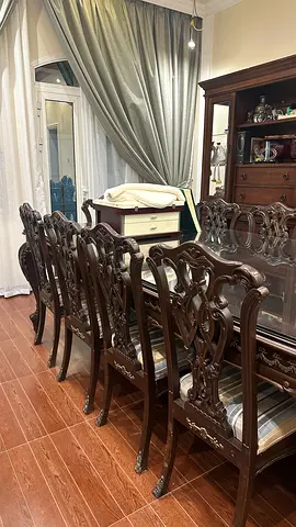 Solid carved wooden dining table set with 10 chairs - classic design