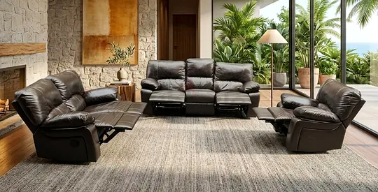 Dark brown leather 3-piece reclining living room set (sofa + loveseat + recliner)