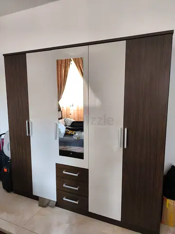 4-Door Wardrobe with Mirror and Drawers - Dark Wood  White