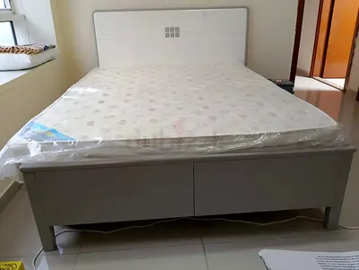 White Wooden Double Bed with Mattress - Good Condition