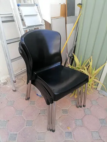 Set of 3 Black Stackable Plastic Chairs with Metal Legs - Good Condition