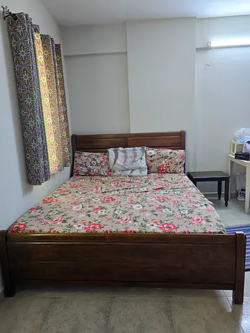 Solid Wood Double Bed Frame with Floral Mattress and Headboard