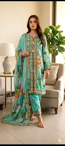 Light Teal Floral Embroidered Lawn Suit with Dupatta - Size M