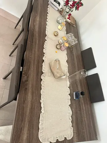 Long Beige Linen Table Runner with Ruffled Edges