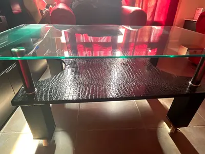 Glass Top Coffee Table with Black Textured Shelf