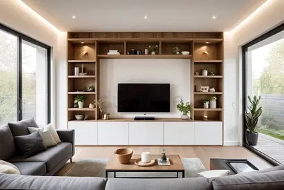 Modern Built-in Entertainment Center with Open Shelving and Cabinets