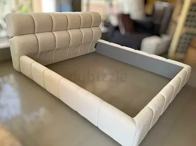Upholstered King-Size Bed Frame with Padded Headboard - Light Beige