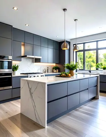 Modern Matte Grey Kitchen Island with Integrated Cabinets and Quartz Countertop