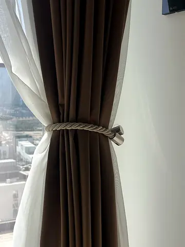 Pair of Brown Blackout Curtains with Sheer Panels and Twin Rail System - Excellent Condition