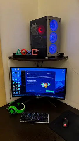 Gaming Desktop PC with RGB Cooling Fans, Curved Monitor and Peripherals.
