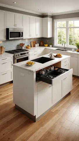 Light grey kitchen island with built-in storage