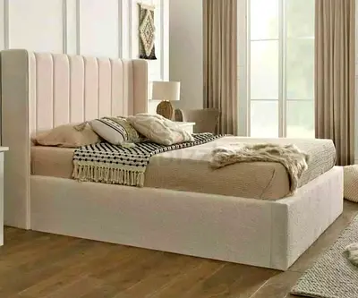 Brand New Upholstered King Size Bed Frame with Padded Headboard - Beige