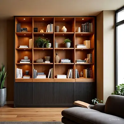 Large Wooden Bookcase with Lower Cabinets — Solid Display Shelving