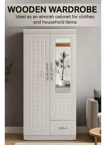White Wooden 2-Door Wardrobe with Mirror and Drawer - Good Condition