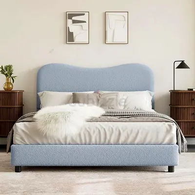 Upholstered Blue Fabric Double Bed with Curved Headboard