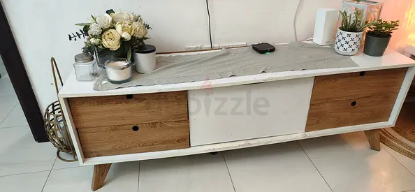Low Wooden TV Console / Media Unit with Drawers - White  Natural Wood