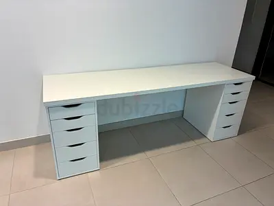 Large white double-drawer work desk 200x60cm with 10 storage drawers