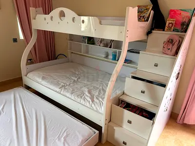White Wooden Bunk Bed with Stairs and Storage - Good Condition