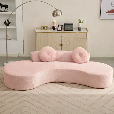 Modern Curved Pink Plush Sofa with Round Cushions - Excellent Condition