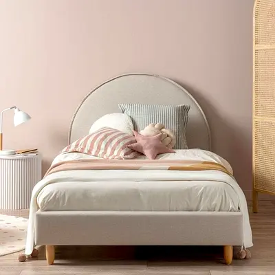 Light Beige Upholstered Double Bed with Rounded Headboard