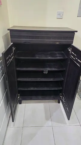 Dark Wood Shoe Cabinet with Double Doors — 5 Shelves, Good Condition
