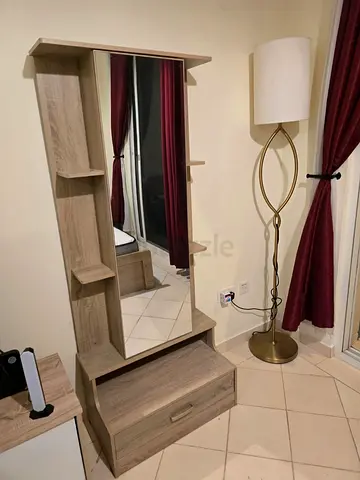 Dressing table Tall wooden storage cabinet with shelves and small desk drawer
