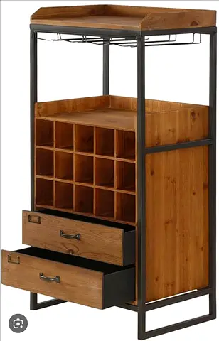 Industrial Wooden Wine Rack with Drawers and Glass Holder