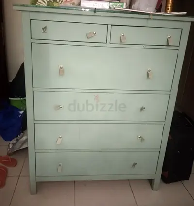 Light blue 5-drawer wooden chest / dresser in good used condition