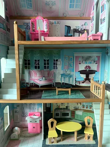 Wooden 3-Storey Dollhouse with Furniture - Pink/Blue Decor