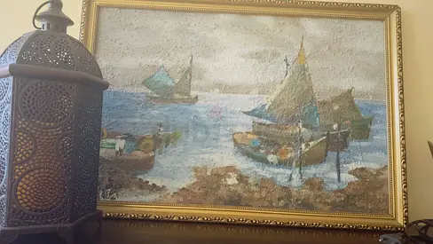 Framed Vintage Seascape Painting with Gold Ornate Frame