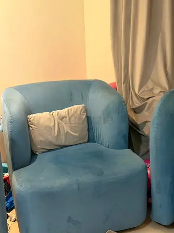 Blue Velvet Armchair with Ottoman - Good Condition