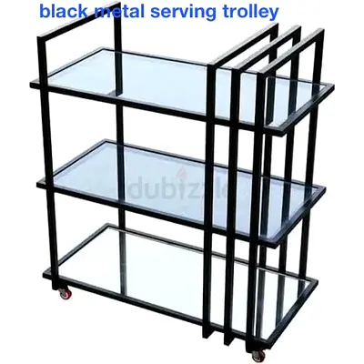 Black Metal Glass 3-Tier Serving Trolley on Wheels