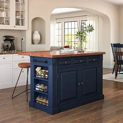 Solid Wood Kitchen Island with Butcher Block Top - Navy Blue