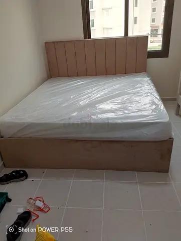 Queen upholstered bed frame with mattress - light beige