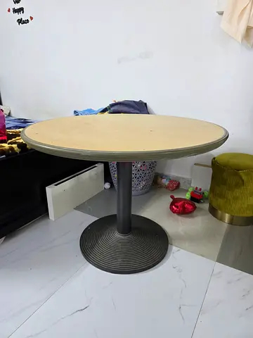 Round Wooden Bistro Table with Metal Pedestal Base - Good Condition